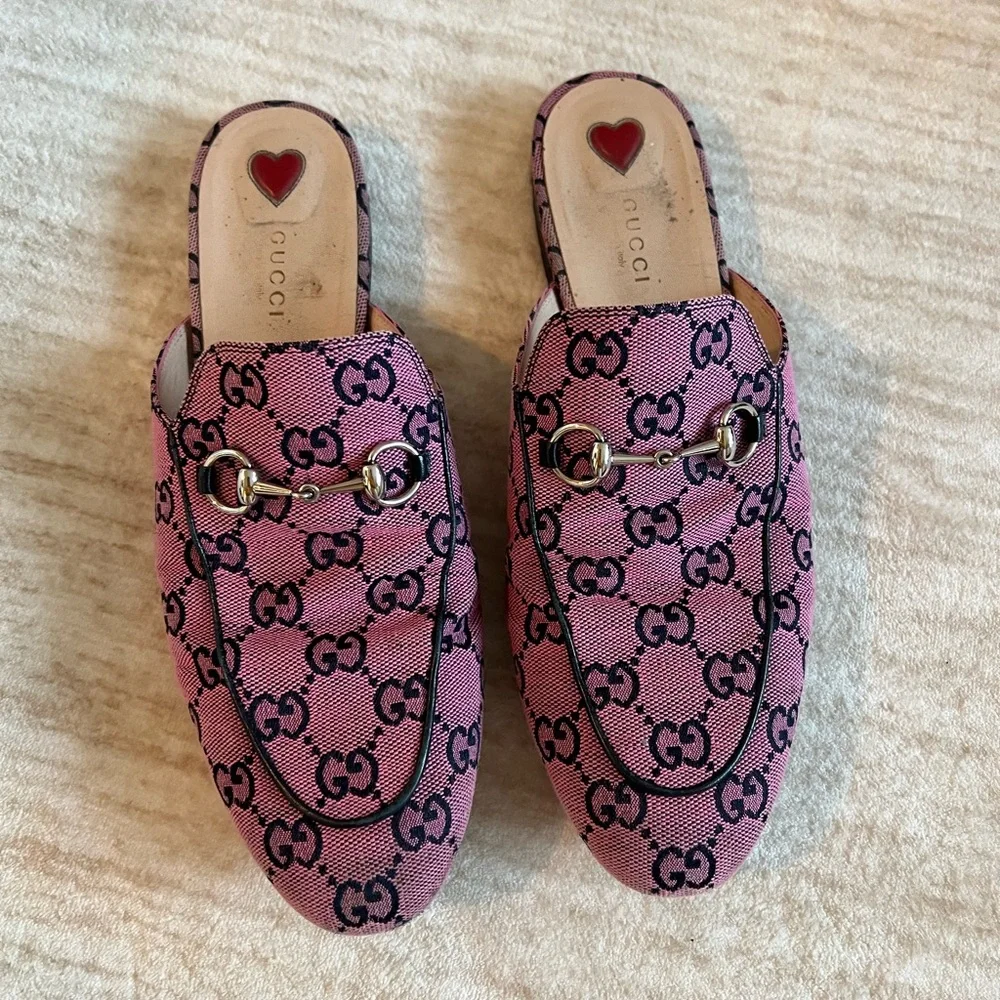 Gucci Princeton open back slides Canvas Horsebit Loafers Mules used sz 41 - Picture 2 of 3